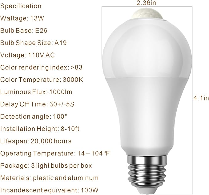 7117 Motion Sensor Light Bulbs, 13W (100Watt Equivalent), Motion Activated Dusk to Dawn Security LED Bulb, A19 E26 3000K Warm White, for Indoor and Outdoor Lighting, Porch, Stairs, Hallway 3Pack
