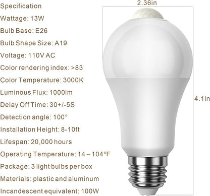 7117 Motion Sensor Light Bulbs, 13W (100Watt Equivalent), Motion Activated Dusk to Dawn Security LED Bulb, A19 E26 3000K Warm White, for Indoor and Outdoor Lighting, Porch, Stairs, Hallway 3Pack