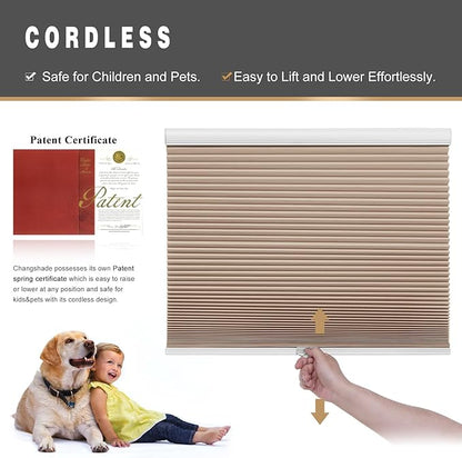 Changshade Cordless Blackout Cellular Shades for Indoor Windows, Custom Size Black Out Honeycomb Blinds Room Darkening Thermal Insulated 1.5" Cell Easy Install for Bedroom, Bathroom, Nursey, Brown