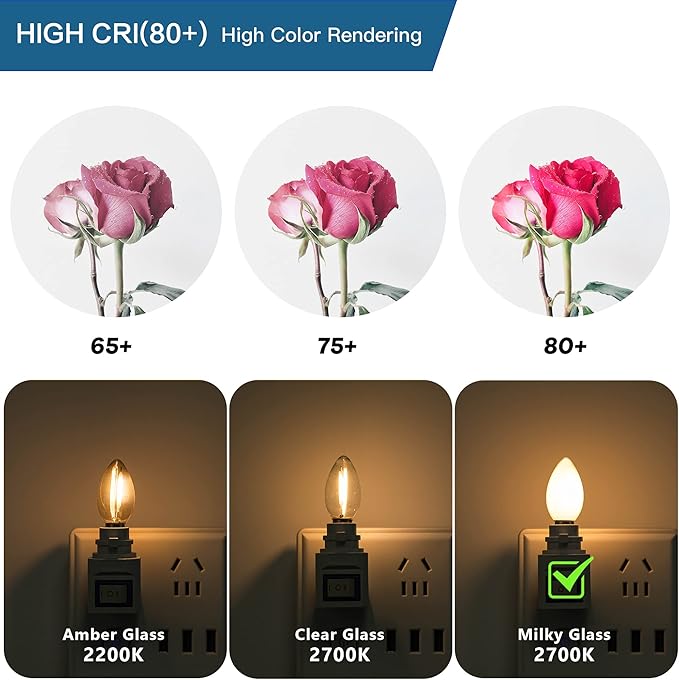 C7 E12 LED Night Light Bulbs 0.5W (5W Equivalent), 2700K Warm White Milky Glass Candelabra Bulbs, Low Watt Small Light Bulb for Window Candles, Chandeliers, Salt Lamp, Appliance, 6 Pack