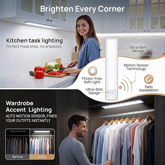 Under Cabinet Motion Sensor Lighting: 14 Inch Dimmable Rechargeable Lights Indoor - Battery Operated Lights - Undercabinet Closet Light Magnetic Led Light for Kitchen Home Bathroom Counter 5 Pack