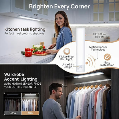 Under Cabinet Motion Sensor Lighting: 14 Inch Dimmable Rechargeable Lights Indoor - Battery Operated Lights - Undercabinet Closet Light Magnetic Led Light for Kitchen Home Bathroom Counter 5 Pack