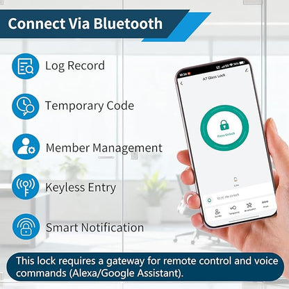 EIYSIE Sliding Glass Door Lock, Fingerprint Lock with 3D Face Recognition for Frameless Doors, Keyless Entry Door Lock with Keypad, No-Drill Smart Glass Lock for Office Store Home