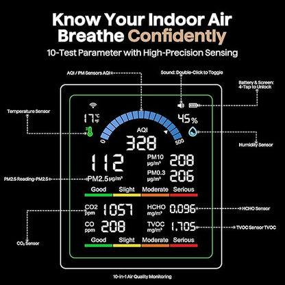 Air Quality Monitor Indoor, 10 in 1 Portable Smartair Quality Tester for CO2 | CO | TVOC | HCHO | Temp | AQI | PM0.3-1 Detection Suitable for Home, Cars, Plants, Pets and Hotels