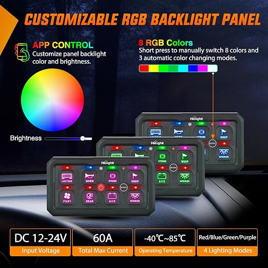 Nilight 8 Gang Switch Panel APP RGB 12V 24V Circuit Control System 4-Mode | Fuse Wiring Harness APP Remote Control Automatic Dimmable Toggle/Momentary/Strobe/Flash for Car Pickup Truck Camper SUV