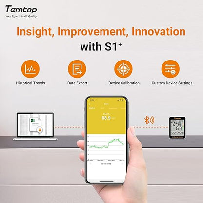 Temtop Smart Air Quality Monitor with Indoor Thermometer & Thermo-Hygrometer – PM2.5, AQI, Temperature and Humidity Detector for Home, Office, Nursery, School, App Connectivity, 60-Day Battery Life