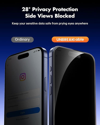 UNBREAKcable Privacy Screen Protector for iPhone 17 Pro, Shatterproof Tempered Glass [True 28°Anti Spy] [9H Hardness] [Easy Installation Frame] Private Protector for iPhone 6.3inch-2 Pack