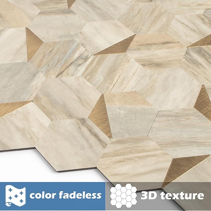 Hexagon Peel and Stick Backsplash for Kitchen Wall, 10 Sheets Heat Resistant Stick on Backsplash PVC Smart Tiles, 12'' Beige Marble Waterproof Peel and Stick Wall Tiles for Bathroom