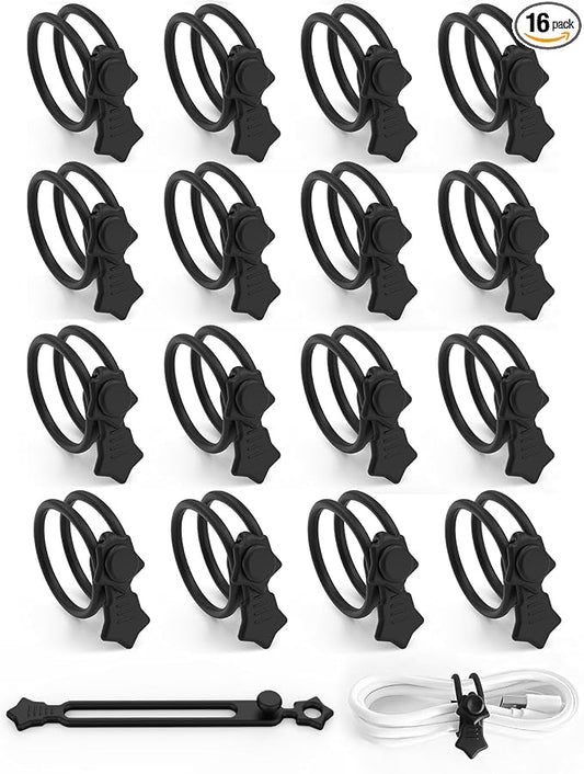 Silicone Cable Ties 16PCS Reusable Cord Organizer for Home Travel | Cord Organizer for Charging Cables, Data Cables & Computer Wires, Multipurpose Elastic Cable Management Straps（Black）