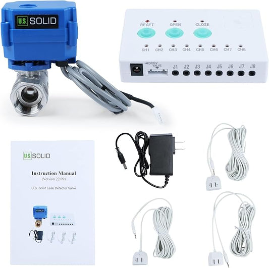 U.S. Solid Water Leak Detector with Auto Shut-Off Valve & Sound Alarm, 3/4" NSF Certified 304SS Motorized Ball Valve with 3 Sensors, for Water Heaters, Laundry & Flood Prevention(10 PCS)