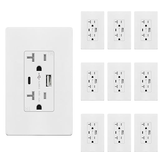 TOPGREENER 4.2A USB Outlet,20 Amp Wall Outlet with USB Ports,10 Pack,White | UL Listed, USB Outlets Receptacles with Type A&C Ports, Tamper-Resistant Plug, Charging Power Outlet, Wall Plate Included