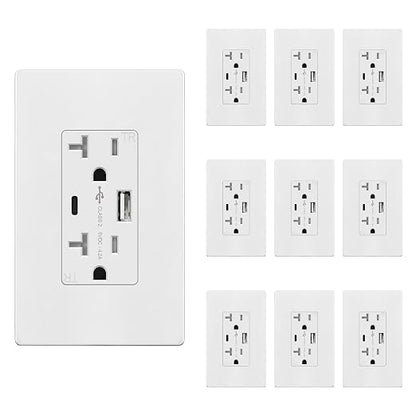 TOPGREENER 4.2A USB Outlet,20 Amp Wall Outlet with USB Ports,10 Pack,White | UL Listed, USB Outlets Receptacles with Type A&C Ports, Tamper-Resistant Plug, Charging Power Outlet, Wall Plate Included
