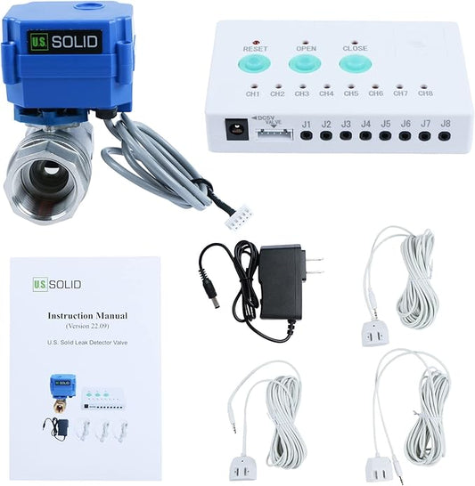 U.S. Solid Water Leak Detector with Auto Shut-Off Valve & Sound Alarm, 1" NSF Certified 304SS Motorized Ball Valve with 3 Sensors, Smart Sensor System for Water Heaters, Laundry & Flood Prevention