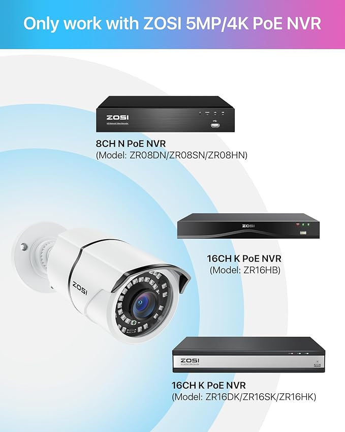ZOSI 2-Pack 5MP Add-on PoE Security Camera with Ethernet Cables, 120ft Night Vision, IP66 Weatherproof, Outdoor Indoor Home Bullet Camera Only Compatible Same Brand 5MP 4K PoE NVR Systems
