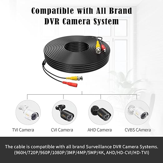 1 Pack 50ft BNC Video Power Cable Security Camera Cable Wire Cord for CCTV DVR Surveillance System with Connectors (BNC Female and BNC to RCA) (Black, 50FT)