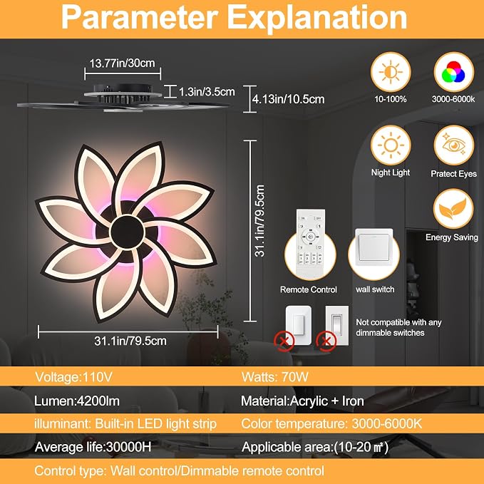 70W Flower LED Ceiling Light, 8-Petal Flush Mount with Remote | RGB Ambient Backlight Ceiling Lamp, Dimmable 3000K-6000K, 4200LM Remote Light with Memory for Living Room Bedroom Game Room
