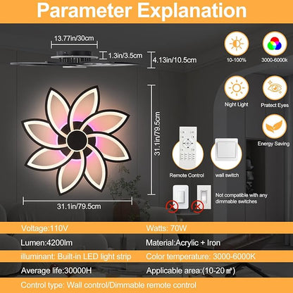 70W Flower LED Ceiling Light, 8-Petal Flush Mount with Remote | RGB Ambient Backlight Ceiling Lamp, Dimmable 3000K-6000K, 4200LM Remote Light with Memory for Living Room Bedroom Game Room