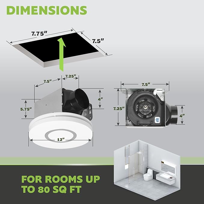 Homewerks 7141-80-RGB Bathroom Fan with Light LED Color Changing and Dimmable, SmartVent Humidity Sensing Ventilation Fan with Remote, 80 CFM 1.0 Sones