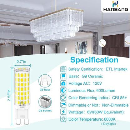 10-Pack G9 LED Bulbs 6000K Daylight, 6W 60W Equivalent, 600LM Warm White T4 Crystal Chandelier Lights, G9 Bi-Pin Ceramic Base, Non-Dimmable