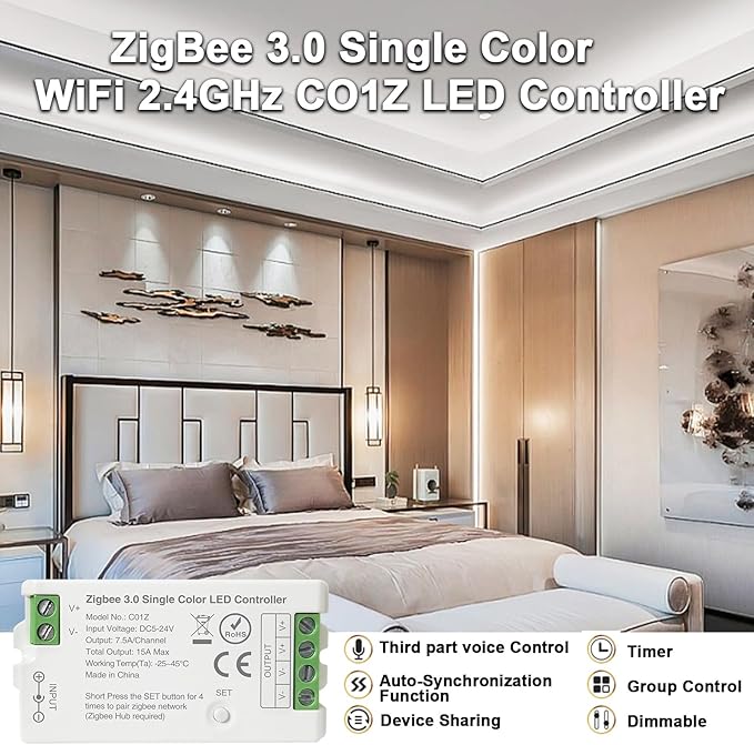 Tuya Zigbee 3.0 Single Color LED Strip Controller PWM Dimmer 2 Pin V+ V- DC 5V 12V 24V Max 15A Compatible with Alexa Echo Plus 4th Gen Tuya Gateway for FCOB COB 5050 2835 LED Light