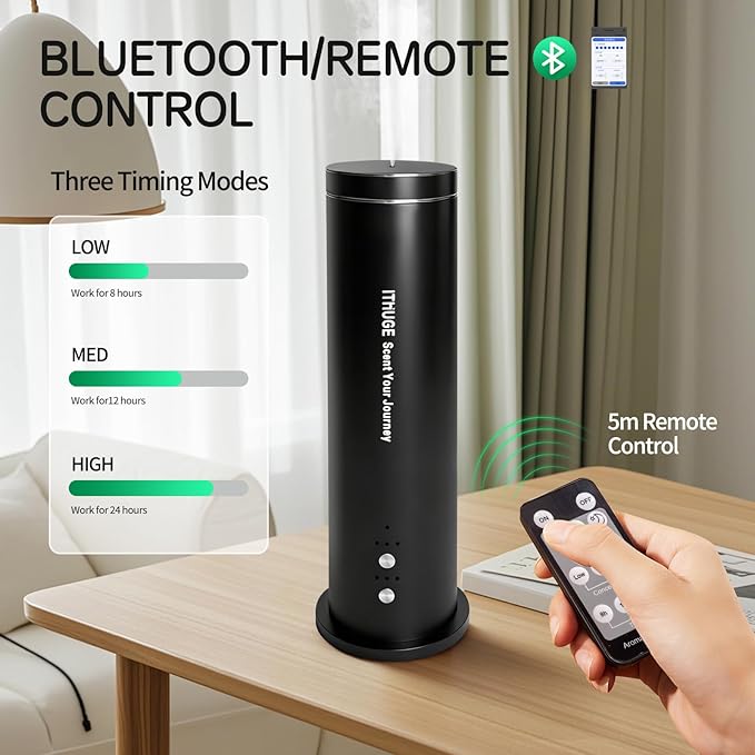 Smart Essential Oil Diffuser, 1500 Sq Ft Coverage, Cold Air Tech, Bluetooth App Control, Remote, Timer & Adjustable Mist, for Home Office Hotel - Black