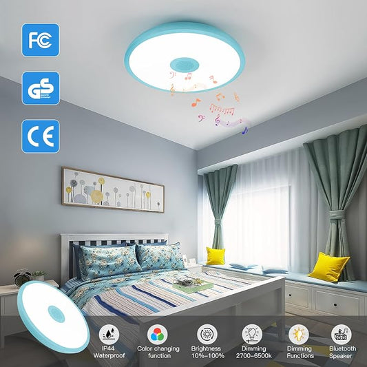 Sky Blue Waterproof LED Flush Mount Ceiling Light Fixture,with Bluetooth Speaker,11 Inch,18 watt,Dimmable Music Lamp,RGB Color Changing Light with Remote Control,for Bathroom,Shower,Bedroom