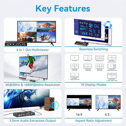 HDMI Quad Multiviewer Switch 4x1,Seamless Switcher 4 in 1 Out Switcher with IR Remote,Support 1080p 60Hz，3.5mm Audio Output,Upgrade 10 Viewing Modes for Security Camera, Advertising, Meeting
