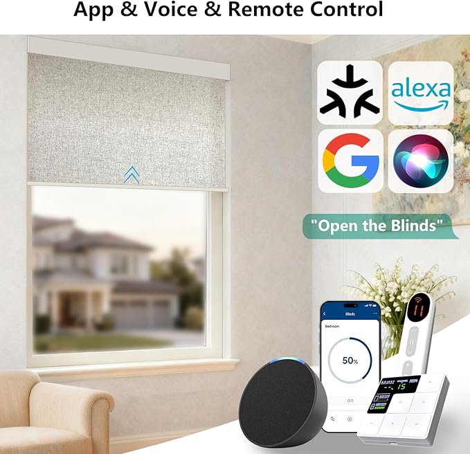 Motorized Light Filtering Roller Shades – Smart Electric Blinds for Living Room, Alexa Google Home Siri, Matter Compatible, Custom Window Shades, Cordless Rechargeable
