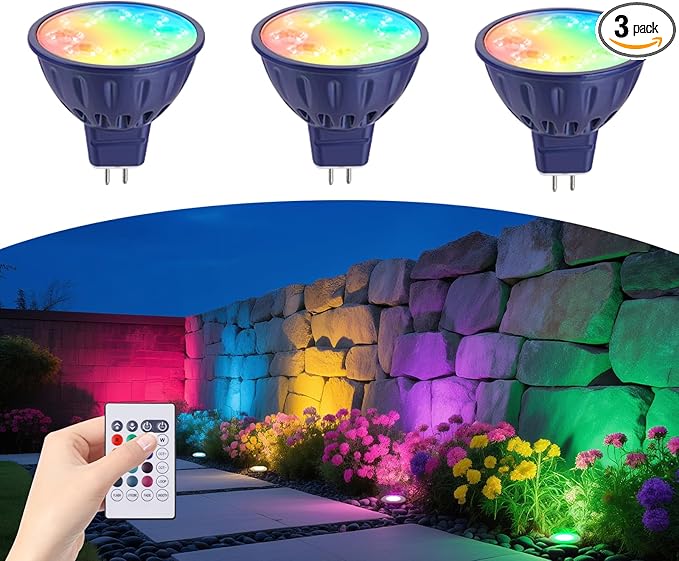 RGBW Color Changing MR16 LED Bulbs, CCT Tunable 2700K to 6500K, Dimmable with Remote Control, Memory Function, GU5.3 Bi-pin Base Light Bulbs for 12V Low Voltage Landscape Lighting 3-Pack