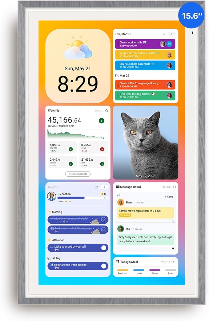 Apolosign 15.6-inch Digital Calendar, Smart Wall Planner with Calendar Sync, Chore Chart, Meal, Install Apps & Widget, Electronic Touchscreen Display for Family Schedules, Dual Mode, with Stand (Gray)