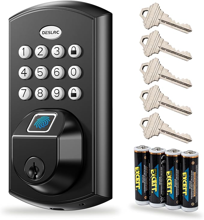 DESLOC A100F Keypad Fingerprint Door Lock, Keyless Entry Door Lock, Smart Lock Deadbolt for Front Door, Easy Installation, Emergency Power Port,12 Months Battery, IP54 Waterproof, 5 Keys