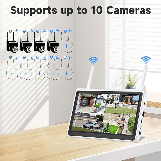 YEEWISE 10 Channel WiFi NVR with Built-in 10.1' HD Monitor, Dual WiFi, Motion Detection, Remote Access, Supports SD & HDD Local Storage