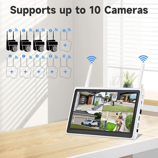 YEEWISE 10 Channel WiFi NVR with Built-in 10.1' HD Monitor, Dual WiFi, Motion Detection, Remote Access, Supports SD & HDD Local Storage