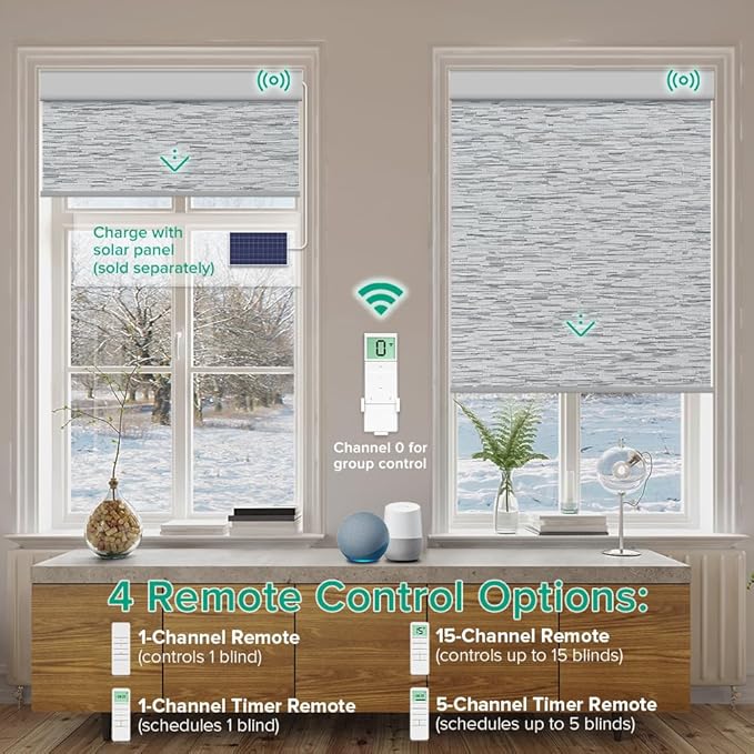 Motorized Roller Shades, 10O% Blackout Remote Control Custom Window Shades Compatible with Alexa Google Assistant via RF Hub, Rechargeable Electric Blinds for Windows (Texture Grey)