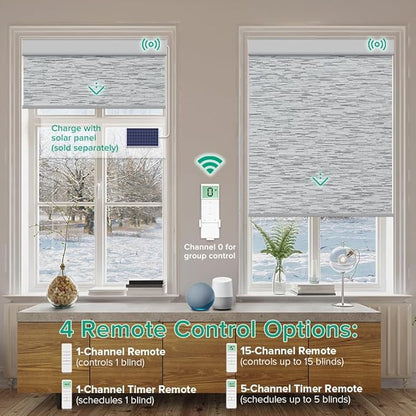 Motorized Roller Shades, 10O% Blackout Remote Control Custom Window Shades Compatible with Alexa Google Assistant via RF Hub, Rechargeable Electric Blinds for Windows (Texture Grey)