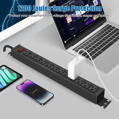 HHSOET Rotating 12 Outlet Surge Protector Power Strip, 1200J, 3FT, Black, 1 | Metal Heavy Duty and Versatile Outlet Strip, Mountable Power Strip Suitable for Households Offices Industries