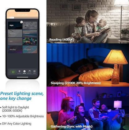 TORCHSTAR Smart WiFi LED A19 Bulb, RGBCW Color Changing, Compatible with Alexa & Google Home & Echo Assistant, 10%-100% Dimmable with App, No Hub Required, E26 Base, Pack of 4