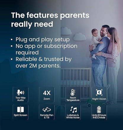 Babysense PRO Full HD 5.5" Split Screen Baby Monitor with Camera and Audio, 6-Color Night Light, White Noise, Sound & Light Machine, 20-Hour Battery, Hack-Proof Non-WiFi Secure Connection
