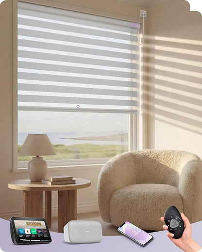 Graywind Motorized Horizontal Zebra Blinds Compatible with Alexa Google WiFi Smart Home Hardwired Plug-in Shades Light Filtering Electric Window Blind, Customized Size (Wool-Like White)