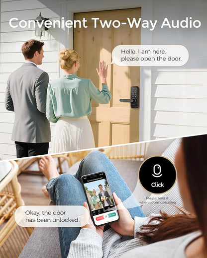 WiFi Video Smart Lock with Camera & Handle - 6-in-1 Keyless Entry (Fingerprint/App/Keypad/FOB/Key), Electric Deadbolt Door Knob for Front, Built-in WiFi, 2-Way Audio, Auto-Lock, Waterproof - Black