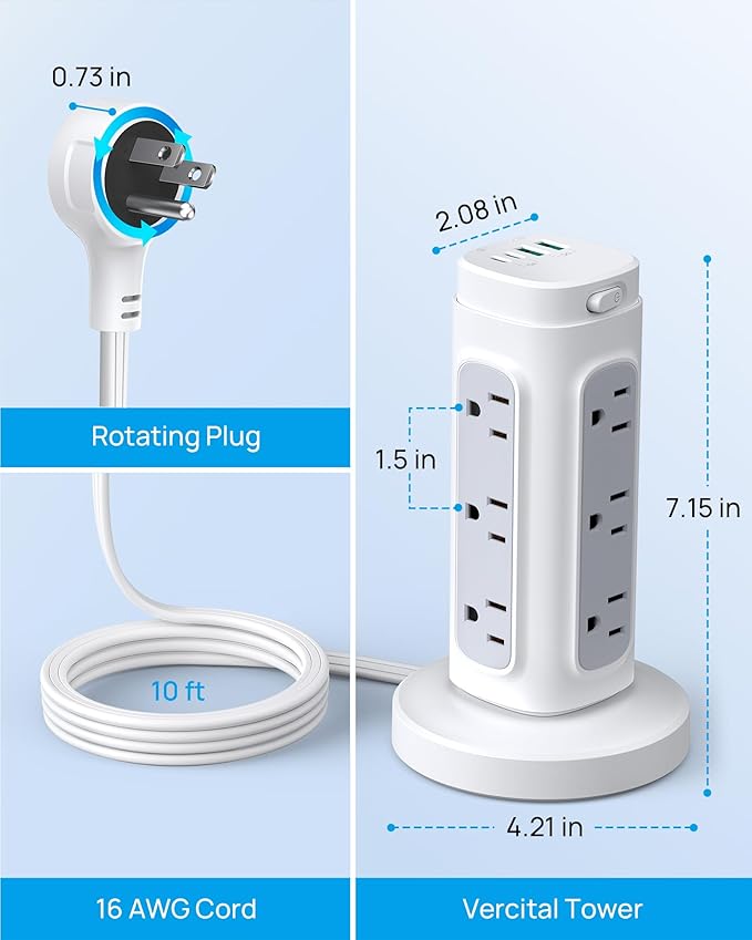 TROND Rotating Plug Power Strip Tower PD 20W, 10ft Semi-Retractable Extension Cord Surge Protector, 12 Outlets, 4 USB, 1700J Protection, Space Saving Home Office Desk Supplies, Dorm Room Essentials