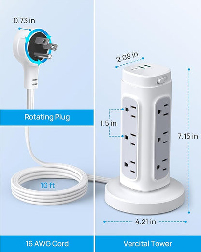 TROND Rotating Plug Power Strip Tower PD 20W, 10ft Semi-Retractable Extension Cord Surge Protector, 12 Outlets, 4 USB, 1700J Protection, Space Saving Home Office Desk Supplies, Dorm Room Essentials
