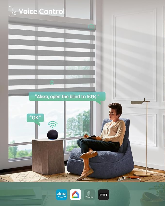 Yoolax Motorized Blinds with Remote, Motorized Zebra Shades Compatible with Alexa, Privacy Motorized Blinds, Zebra Shades for Windows Custom Size(V-Haze Narrow Silver)