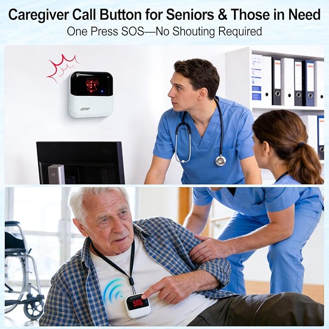 WiFi Caregiver Pager System, SOS Call Button for Elderly at Home, No Monthly Fee Emergency Alert Button with App Notifications, 2 Panic Buttons&1 Receiver, 426ft Range for Seniors, Patients, Disabled