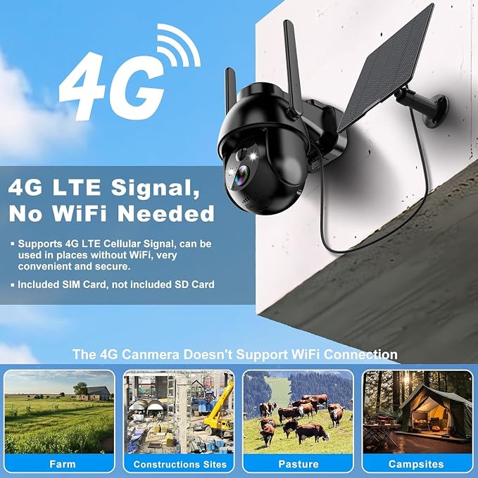 SeeVision 4G LTE Cellular Security Camera, No WiFi with Built in SIM Card, Solar Security Cameras Wireless Outdoor Featuring 3MP 2K HD, PIR Motion Detection, Color Night Vision, 2-Way Talk