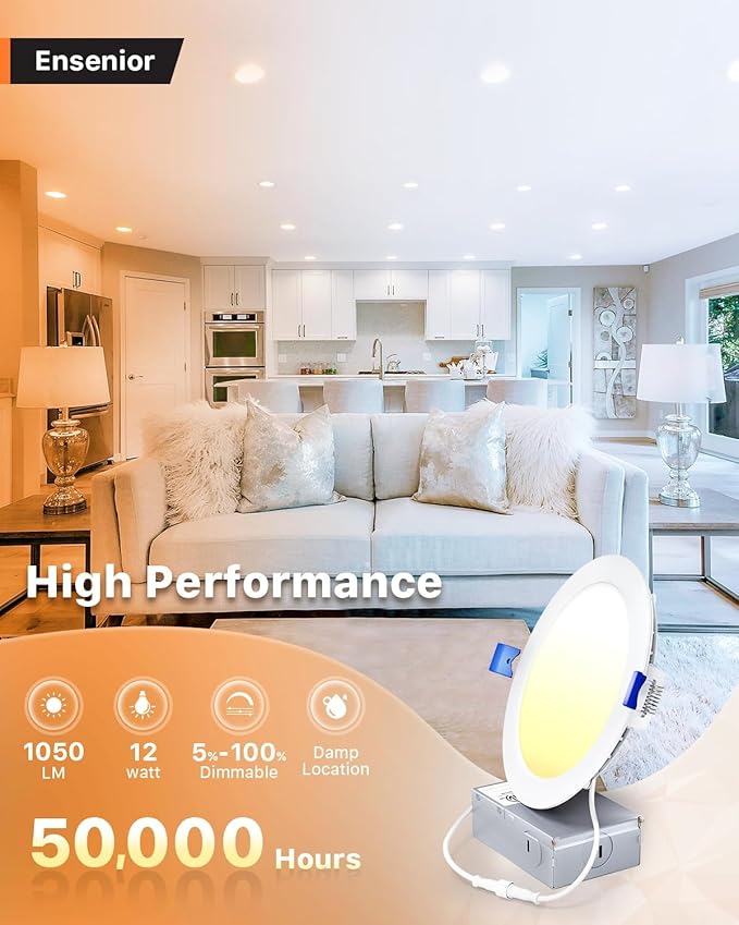 Ensenior 16 Pack 6 Inch LED Recessed Ceiling Light, Dimmable, 5000K Daylight, 1050LM 12W 120V, High Brightness Canless Wafer Downlight - ETL&FCC&IC