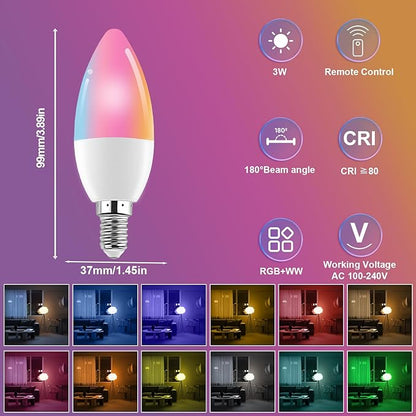 XRise E12 LED Bulb 3W Color Changing Candle Light (RGB + White) 12 Colors, 6000K, Remote Control Included (2 Remote) Decorative Candle Lamp for Stage Home Decor,10 Pack