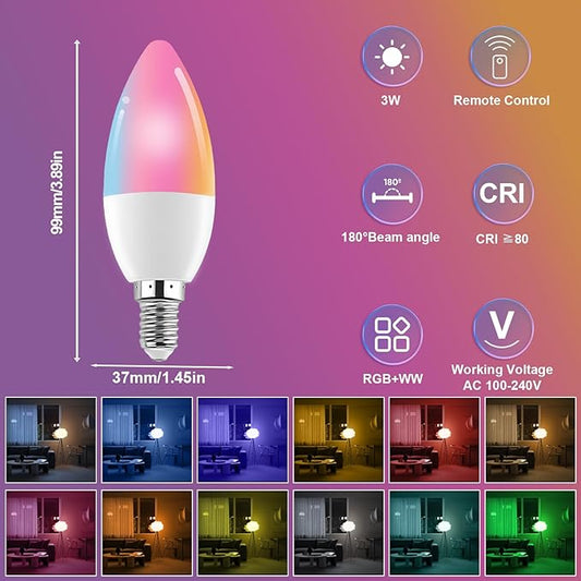 XRise E12 LED Bulb 3W Color Changing Candle Light (RGB + White) 12 Colors, 6000K, Remote Control Included (1 Remote) Decorative Candle Lamp for Stage Home Decor,2 Pack