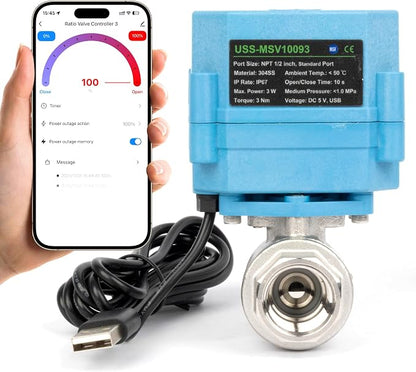 Motorized Ball Valve 1/2 in NPT U.S. Solid WiFi Smart 304 Stainless Steel 2-Way Electric Actuated USB Powered NSF Certified for Water Irrigation