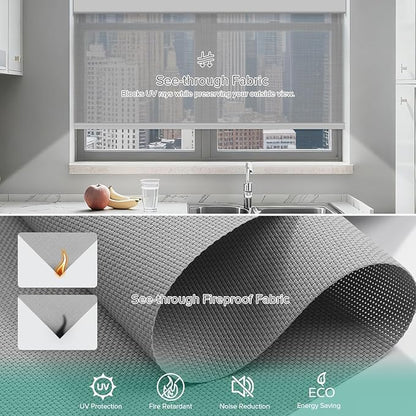 Motorized Roller Shades, Light Filtering Remote Control Custom Window Shades Compatible with Alexa Google Assistant via RF Hub, Rechargeable Electric Blinds for Windows (Fireproof Grey)